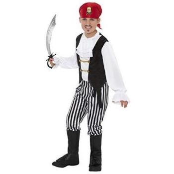 Smiffys-25761L Disfraz de Pirata y Camisa, Pantalones, cubrebotas, pañoleta para, Color Negro y Blanco, L-Edad 10-12 años