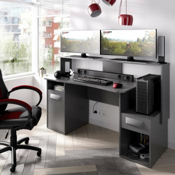 Escritorio Manos, moderno escritorio gaming multifunción, mesa de estudio para PC y soporte para CD, 154x69h98 cm, antracita, sin luces LED