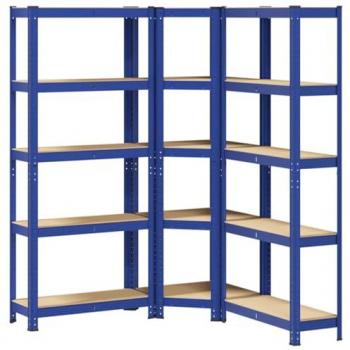 Juego de 3 estantes de 5 niveles en acero azul y madera compuesta
