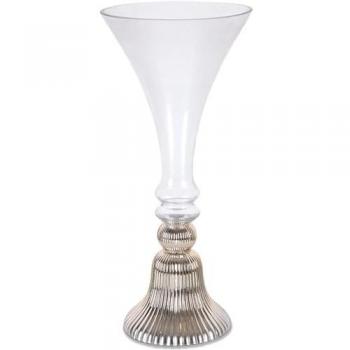 Jarrón Alto de Cristal de 53cm con Pie Talla en Líneas Doradas y Diseño Redondo