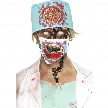 Smiffy's-46849 Kit de Cirujano Zombi, con máscara de látex con Boca expuesta y Sombrero, Color Azul, No es Applicable