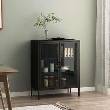 Aparador Fauske de Acero con 2 Puertas de Cristal Templado - 102 x 80 x 40 cm - Negro y Transparente