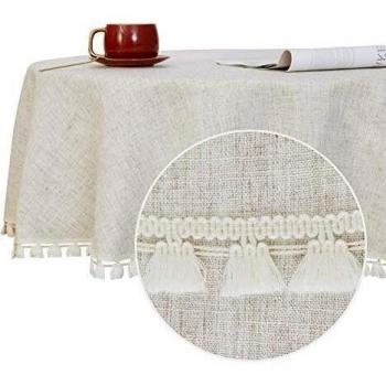 Deconovo Mantel Mesa Rectangular Decorativo Impermeable con Borlas de Cocina 140cm Lino Claro