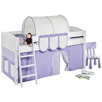 Cama semi alta IDA BLANCA con cortinas convertible en cama baja - Lila / Beige, 4106 Listones