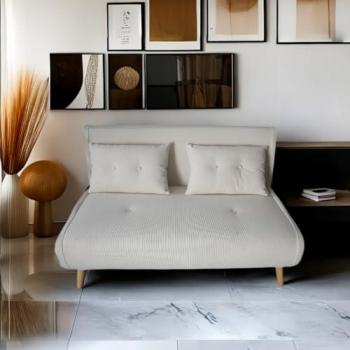Sofá cama de 2 plazas de pana beige Ennis con respaldo ajustable y cojines esponjosos