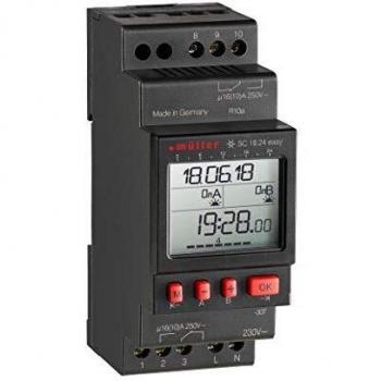 Temporizador Digital de Carril DIN Muller SC 18.24, 2 canales, programación semanal astronómica, con funciones de días, horas, minutos y segundos, compatible con 230 V AC y capacidad de carga de hasta 400
