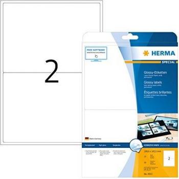 Etiquetas HERMA 4915, 199.6 x 143.5 mm, blancas, autoadhesivas, brillo alto, para impresoras láser y copiadoras, paquete de 50 etiquetas (25 hojas)