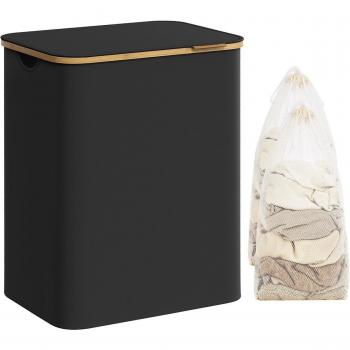 Cesto de Ropa Sucia con Tapa y 2 Secciones - Cesta de Colada Plegable de 130L, Forro de Malla Extraíble, Tejido Oxford, Asas de Bambú, Negro T
