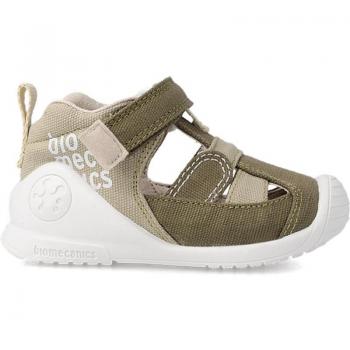 Sandalias cangrejeras para niño Biomecanics color verde kaki, de lona lavable en lavadora, con cierre de velcro, ideales para gateo y primeros pasos, muy cómodas