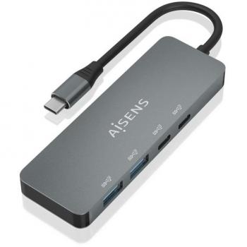 AISENS Hub USB 3.2 Gen2 10G USB-C a USB-C/M + 2xUSB-C/H + 2xUSB-A/H, Gris, Cable de 15cm