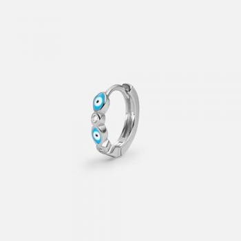 Pendiente Piercing Aro Protección Ojo Azul de Plata 925 con Baño de Rodio y Motivos de Ojos Turcos Pintados en Esmalte