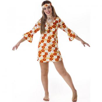 Disfraz de Hippie Vestido naranja con Flores para mujer