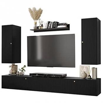 Conjunto de salón Hartford H104, Muebles de Aglomerado Laminado y MDF, 250 x 40 cm, Negro con Mesa de TV y Equipo Adicional