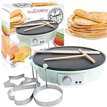 Máquina Eléctrica para Hacer Crepes con Piastra Antiadherente, Rastrello, Spatula y 3 Moldes Artísticos