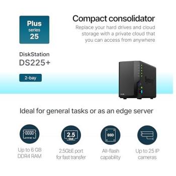 Synology DS225+ 2-Bay Diskless NAS Enclosure with Intel Celeron J4125 and 2GB DDR4 RAM, Black