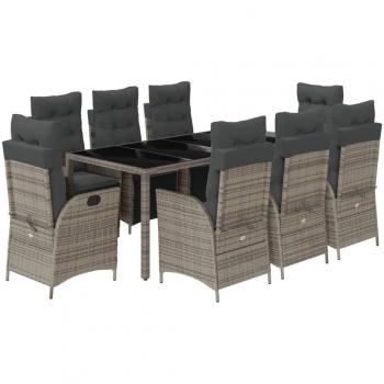 9-Piece Grey Poly Rattan Garden Dining Set with Cushions