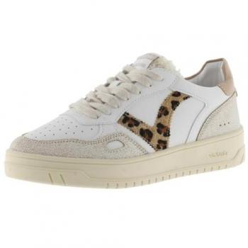 Victoria Zapatillas Deportivas para Mujer en Piel Blanca con Piezas en Serraje Craquelado y Logotipo en Animal Print