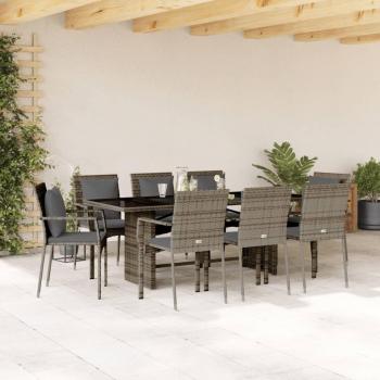9 Piece Grey Poly Rattan Garden Dining Set with Cushions