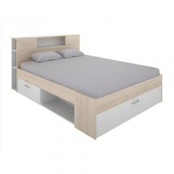 Cama con cabecero con compartimentos y cajones - 160 x 200 cm - blanco y natural - LEANDRE