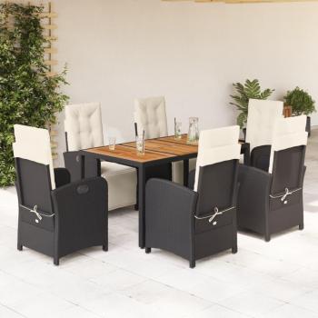 7 Piece Black Poly Rattan Garden Dining Set with Cushions