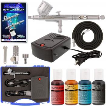 Master aerógrafo decoración de pasteles sistema. Con compresor, aerógrafo, libre de almacenamiento caso & 4-Color Chefmaster Color Kit