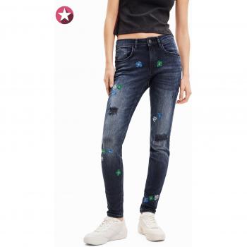 Desigual Women's Blue Cotton Skinny Jeans, Size L, Embroidered Slim Fit