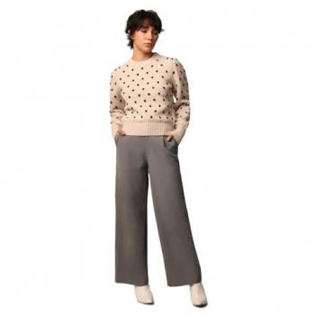 JDY Women's Long Sleeve Dotted Knit Sweater in Cement with Black Dots, Size XS
