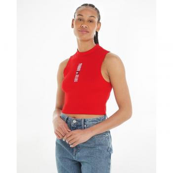Top sin mangas Tommy Jeans Archive Rojo para mujer con textura acanalada y logo - Moda femenina