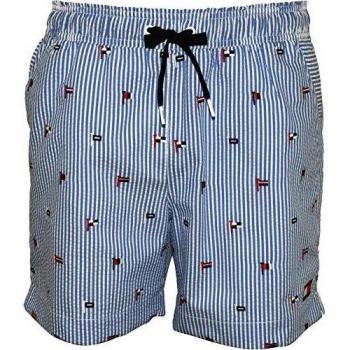 Tommy Hilfiger Bandera Bordado Rayas Seersucker Hombres Shorts De Baño, Azul Grande