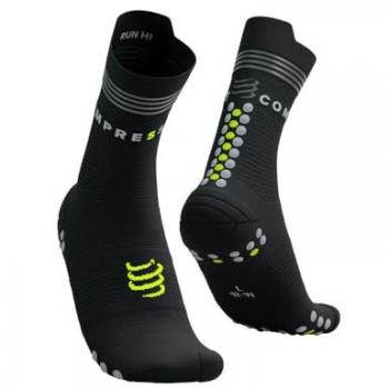 Compressport Pro Racing Socks V4.0 Run High Flash Negro brillante, calcetines de running unisex adultos, diseño alto, color negro con detalles en amarillo flúor, talla 4