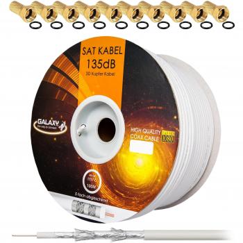 Cable coaxial SAT 135dB 100m Cable coaxial de cobre KU puro Cable de antena 5 veces blindado para sistemas DVB-S / S2 DVB-C y DVB-T BK + 10 conectores F chapados en oro con anillo de goma SET gratis de HB Digital