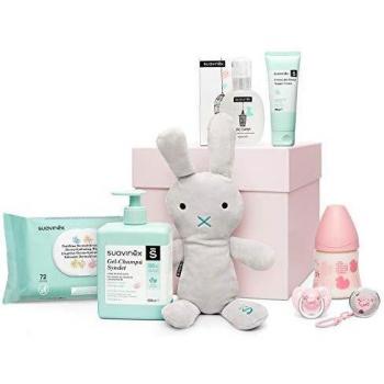 Suavinex - Canastilla de regalo baby shower para recién nacido con biberón, chupete, broche, gel-champú Syndet, crema pañal y toallitas, 0-6 meses, Rosa