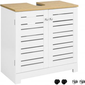 Mueble de tocador de baño SoBuy BZR40-W con puertas de listones, color blanco y natural, dimensiones 60 x 59 x 30 cm