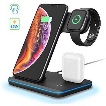POWERGIANT Cargador Inalámbrico Rápido,15W Estación de Carga 3 en 1 Soportes de Carga Rápida QI para iPhone 12 Pro MAX y Samsung Galaxy, Cargador Airpods Pro 2 y iwatch Series