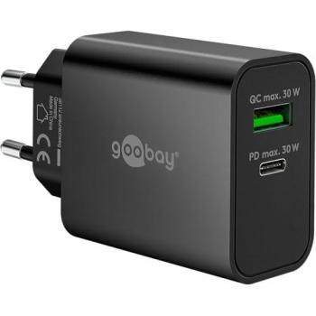 Cargador Rápido Dual USB-C PD GaN 30W, 1x USB-C Power Delivery + 1x USB-A Quick Charge, Compacto, Carga Simultánea, Compatible con iPhone y Android, Negro