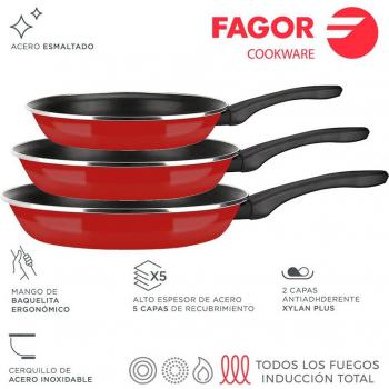 Fagor Optimax Set de 3 Sartenes Inducción Acero Esmaltado Antiadherente XYLAN PLUS sin PFOA Alto Espesor 20/24/28 cm Apta para Todas Las Cocinas In