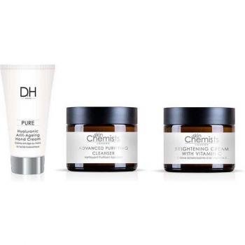 SKINCHEMISTS Dr H Crema de Manos Antiedad Ácido Hialurónico + Crema Iluminadora con Vitamina C + Limpiador Purificante Avanzado