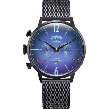 Reloj Hombre Welder WWRC401 - Reloj analógico de acero inoxidable, resistente al agua hasta 100 metros, cronógrafo, diámetro de la caja de 45 mm, esfera negra con detalles en rojo y blanco, cor
