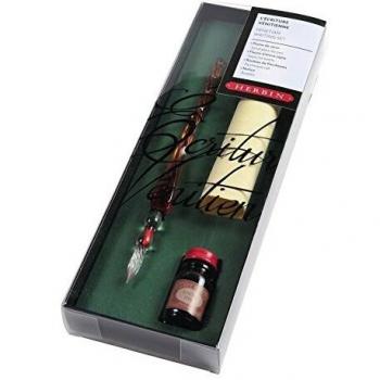 Herbin 28300T - Un set ''Ecriture vénitienne'' comprenant une plume de verre torsadée, une feuille de parchemin, un flacon d'encre sépia et une notice