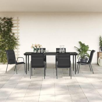 7 Piece Black Steel and Textilene Garden Dining Set