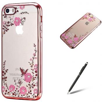 Feeltech Apple Iphone SE/5/5S Funda Ultra Thin Delgado Brillar Suave de TPU Electrochapado Case con Diseño Jardín Secreto Flores El Bling Cristal Diamante Bumper Espalda Cáscara para Apple Iphone SE/5/5S-Rosa Oro Rosado Henna