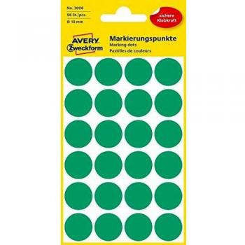 Puntos de marcado autoadhesivos verdes Avery Zweckform 3006, diámetro 18 mm, paquete de 96 etiquetas (4 hojas x 24 etiquetas)
