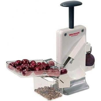 Westmark Deshuesador doble de cerezas y ciruelas, Deshuesador combinado, Extra rápido para 2 cerezas a la vez, Altura 32.5 cm, Plástico/acero inoxidable/aluminio, Steinomat, Blanco/plateado, 40602260