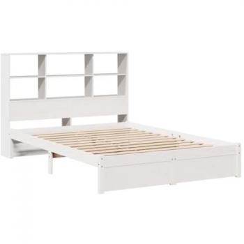 Cama con estantería sin colchón madera maciza blanca 140x190 cm