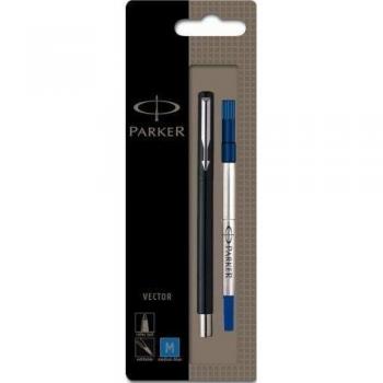 PARKER Vector rotulador roller, color negro con adorno cromado, punta mediana, tinta azul, en blíster