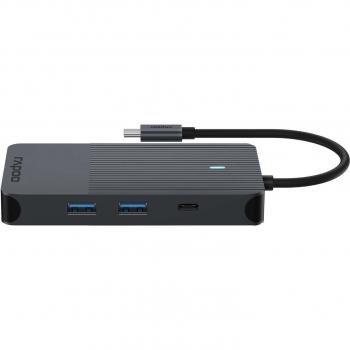 Adaptador Multiport USB-C Rapoo 10-en-1 gris, incluye múltiples puertos para conexión de dispositivos, soporte para video 4K, transferencia de datos rápida, y compatibilidad con diversos sistemas operativos
