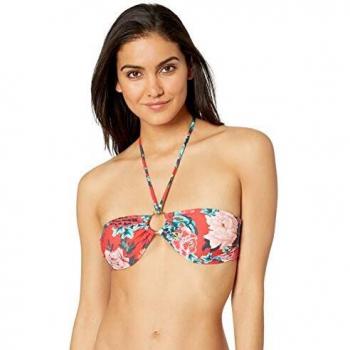 GUESS Women's String Halter Bandeau Bikini Swim Top, Japanese Blue red Flower, M