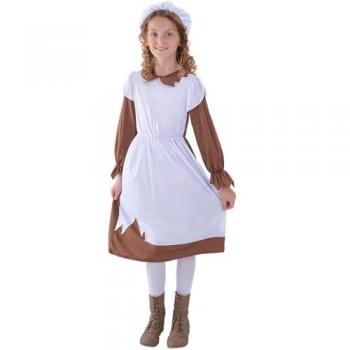 Disfraz de Campesina Victoriana Marrón para Niña - Original, Talla 7-9 Años, con Vestido y Sombrero