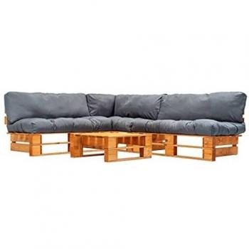vidaXL Set de Muebles de Palés para Jardín 4 Piezas de Madera Mobiliario Exterior Terrazas Balcones Decoración Muebles Bricolaje Hogar Cojines Grises