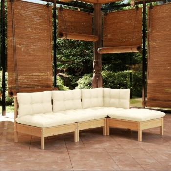 4-Piece Pinewood Garden Lounge Set with Cream Cushions